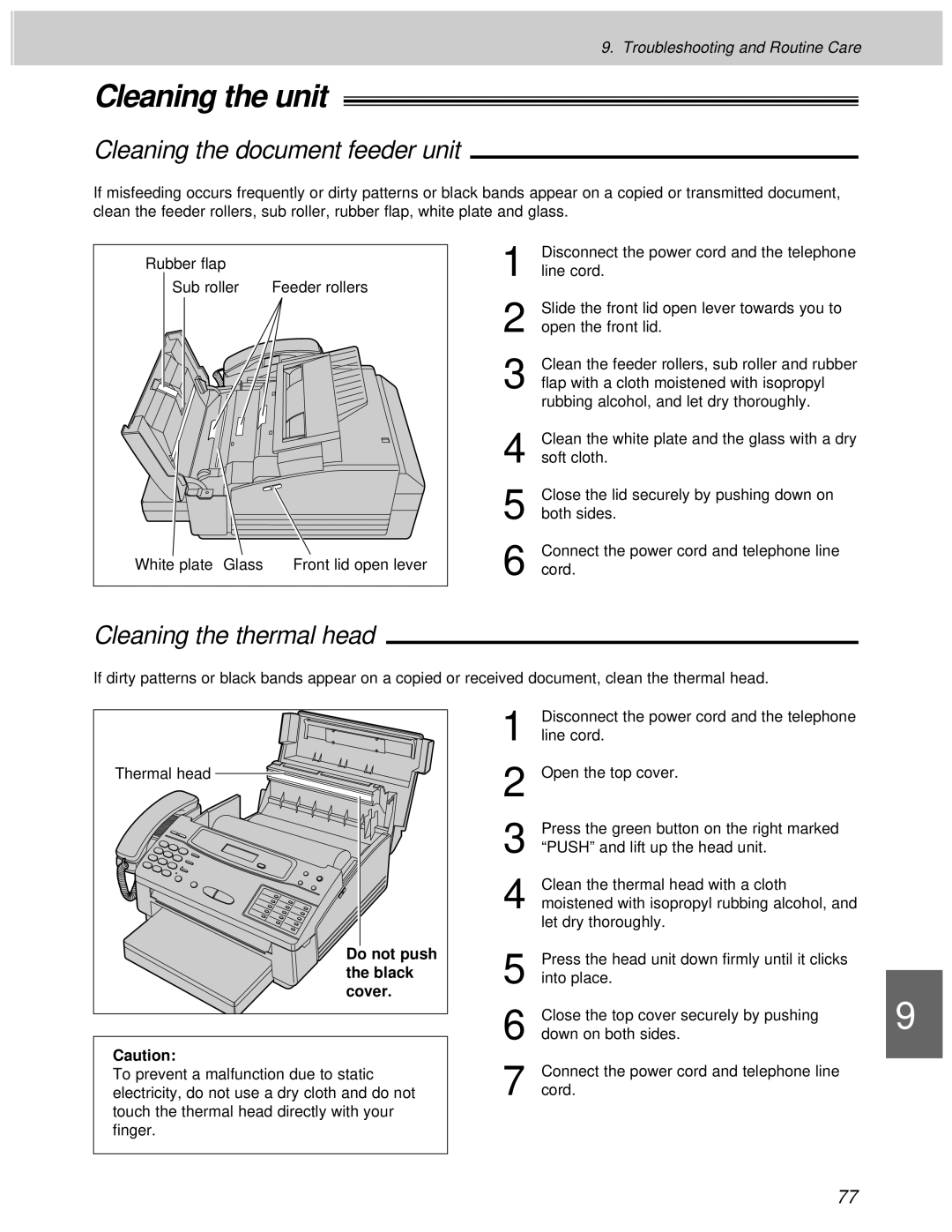 Panasonic KX-F1100AL, KX-F1000AL manual Cleaning the unit, Cleaning the document feeder unit, Cleaning the thermal head 