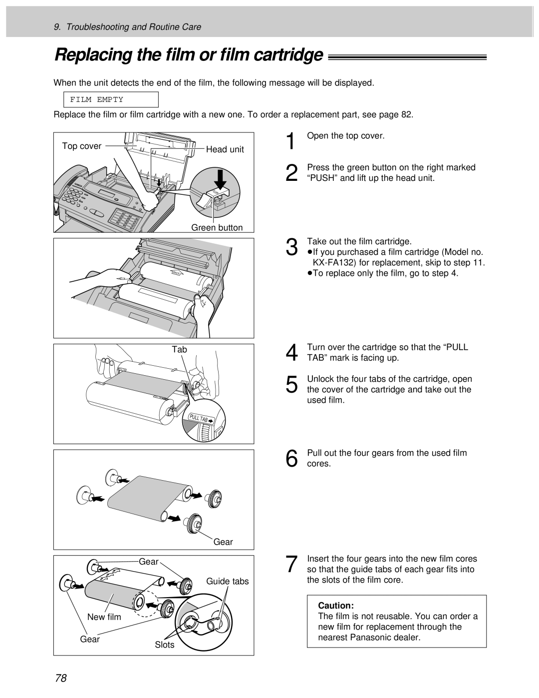 Panasonic KX-F1000AL, KX-F1100AL manual Replacing the ﬁlm or ﬁlm cartridge 