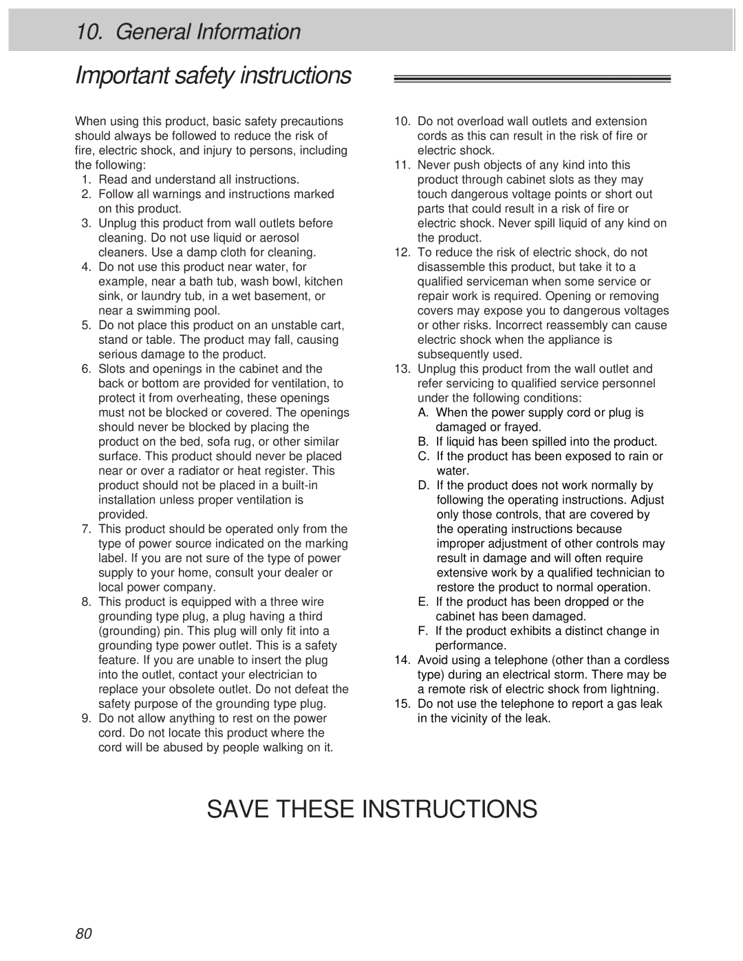 Panasonic KX-F1000AL, KX-F1100AL manual Important safety instructions 