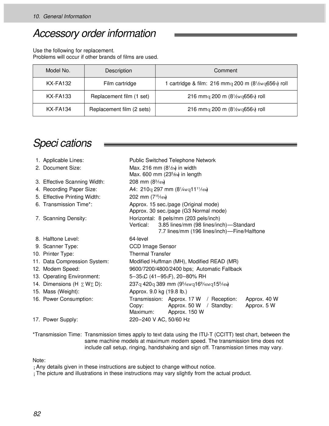 Panasonic KX-F1000AL, KX-F1100AL manual Accessory order information, Speciﬁcations 