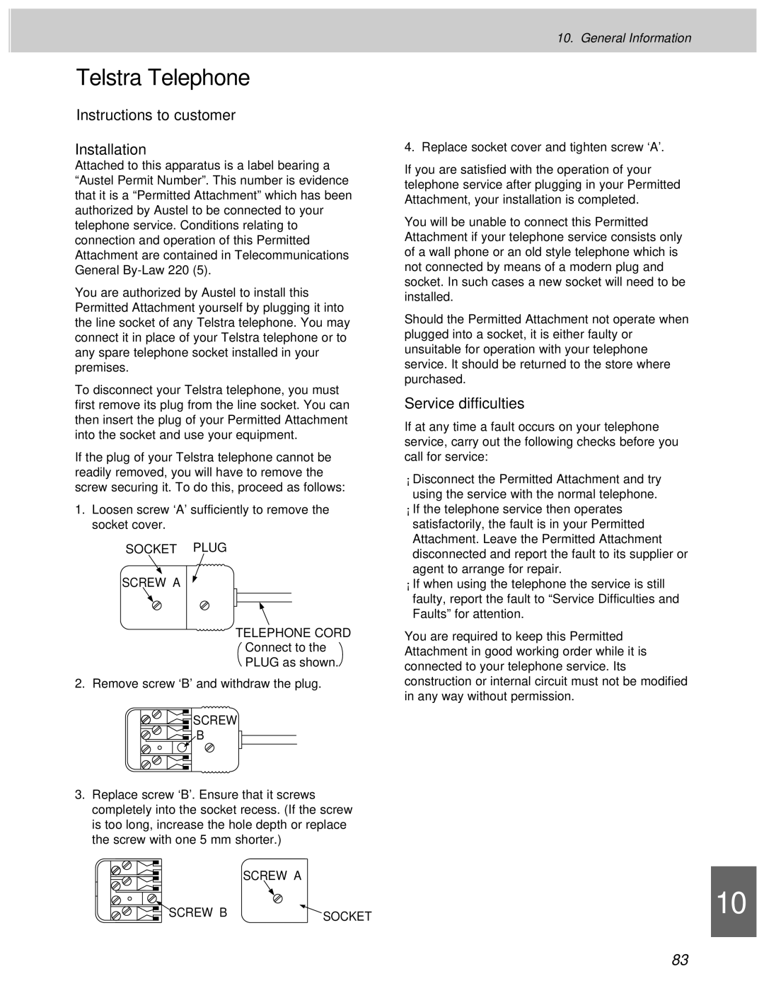 Panasonic KX-F1100AL, KX-F1000AL manual Installation, Service difficulties 