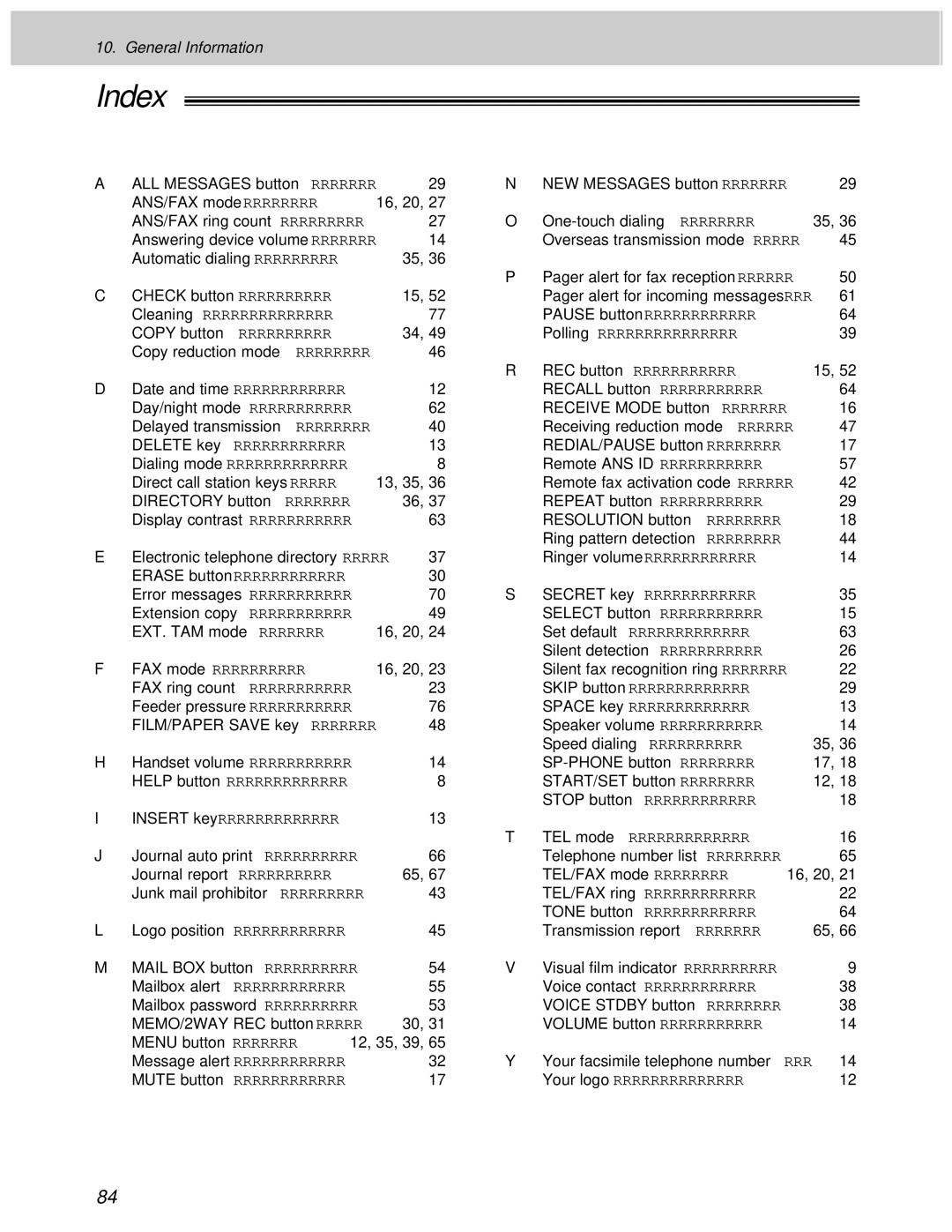 Panasonic KX-F1000AL, KX-F1100AL manual Index 