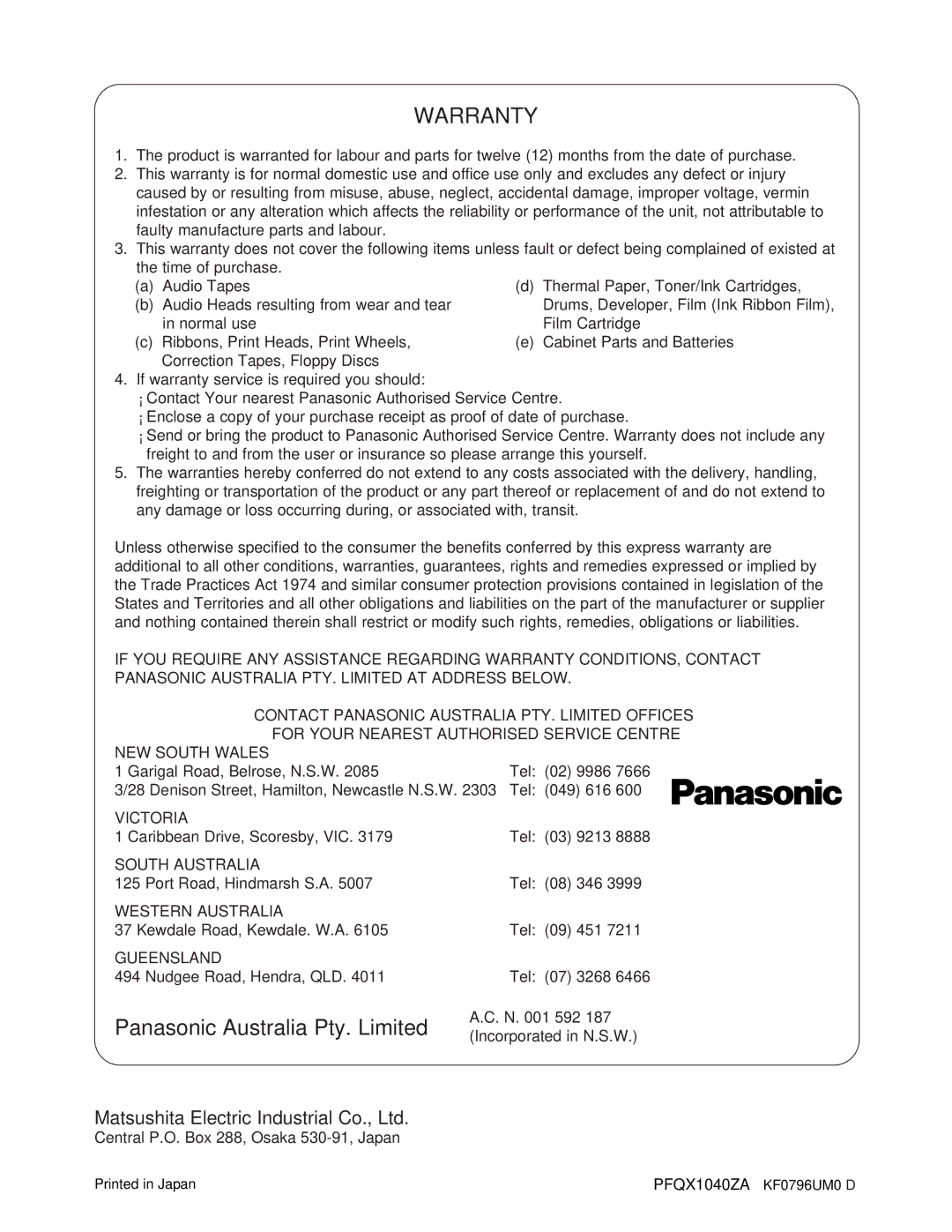 Panasonic KX-F1000AL, KX-F1100AL manual N 592, Incorporated in N.S.W, PFQX1040ZA KF0796UM0 D 