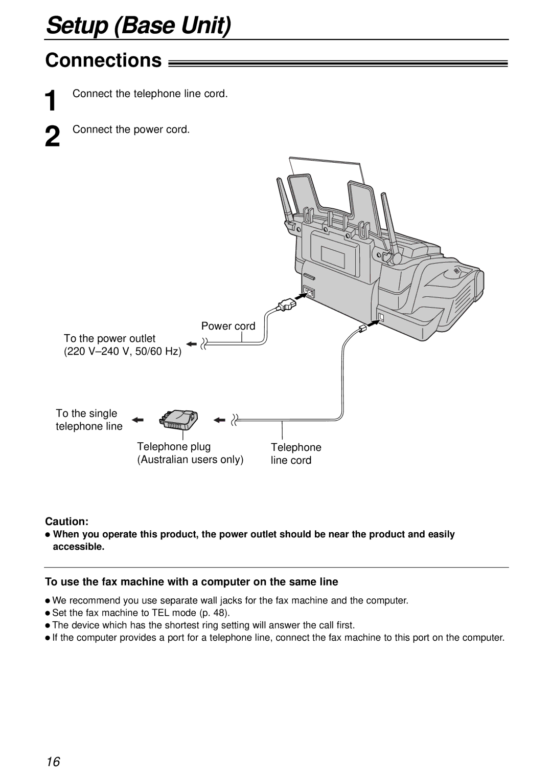 Panasonic KX-FC175AL manual Connections, To use the fax machine with a computer on the same line 