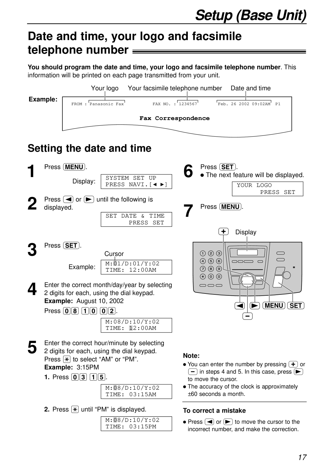 Panasonic KX-FC175AL manual Date and time, your logo and facsimile telephone number, Setting the date and time, Menu SET 