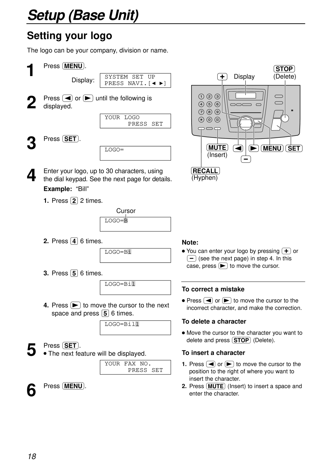 Panasonic KX-FC175AL manual Setting your logo, Stop, Mute Menu SET, Recall 