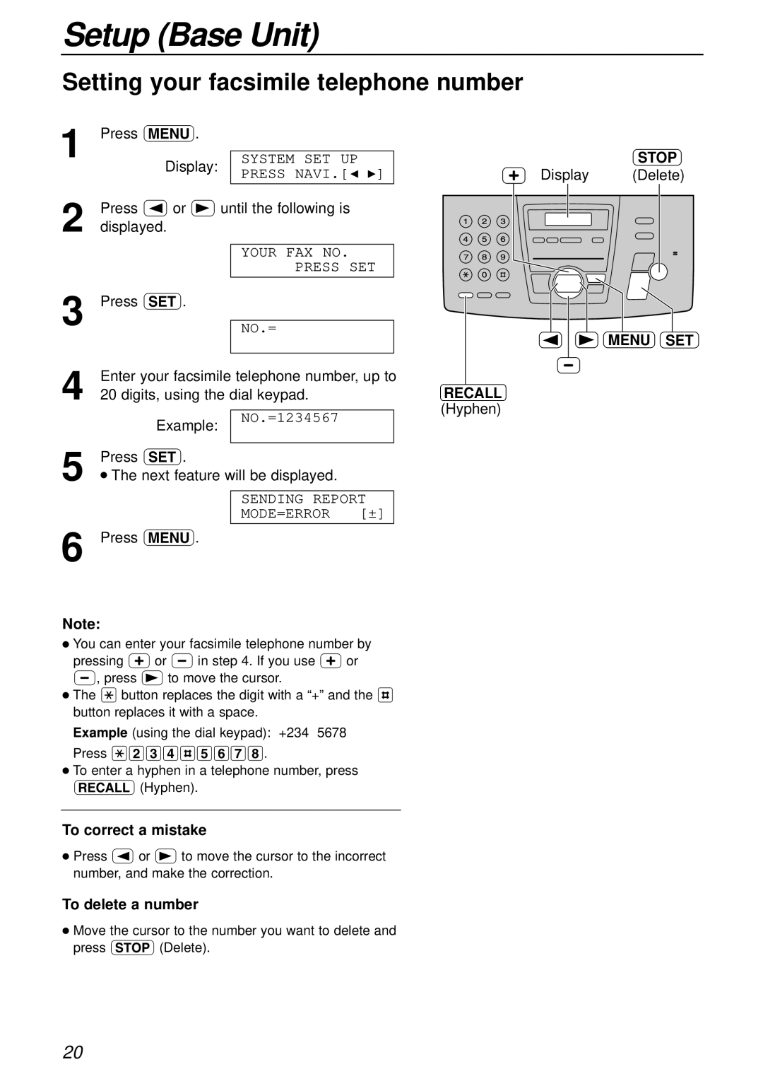 Panasonic KX-FC175AL manual Setting your facsimile telephone number, Menu SET Recall, To delete a number 