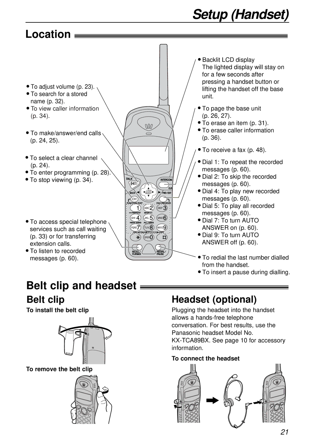 Panasonic KX-FC175AL manual Setup Handset, Belt clip and headset, Belt clip Headset optional 