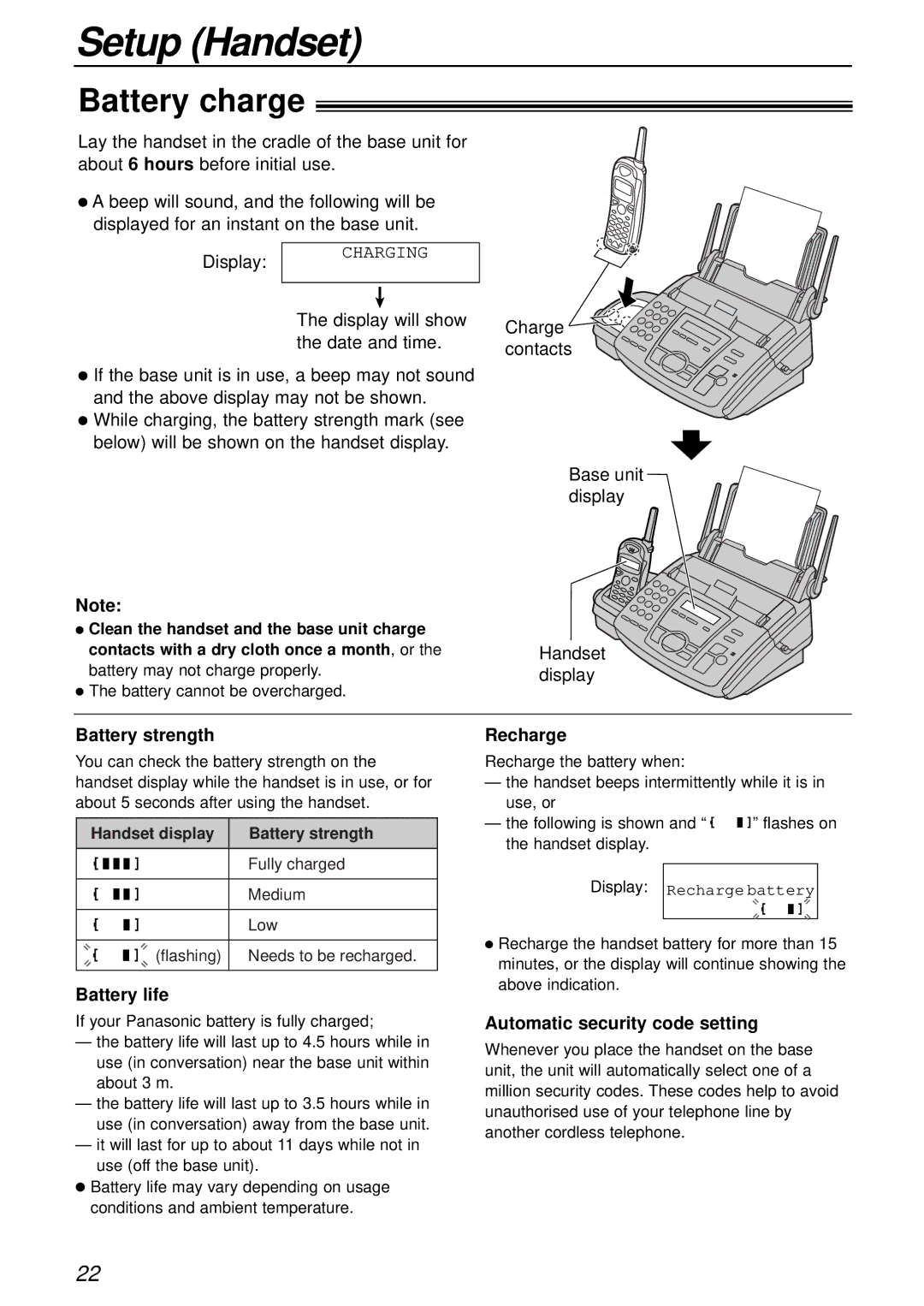 Panasonic KX-FC175AL manual Battery strength, Battery life, Recharge, Automatic security code setting 