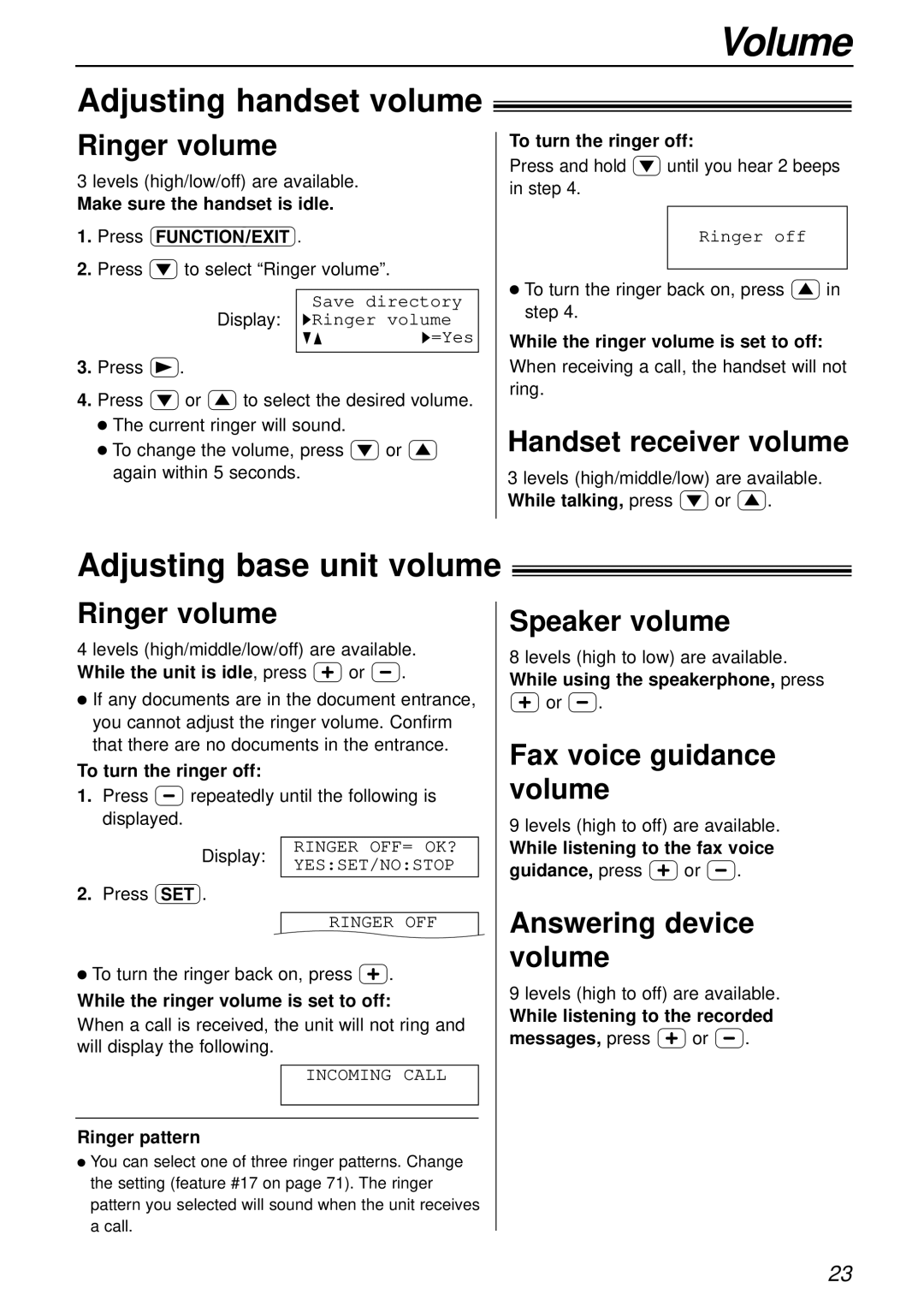 Panasonic KX-FC175AL manual Volume, Adjusting handset volume, Adjusting base unit volume 