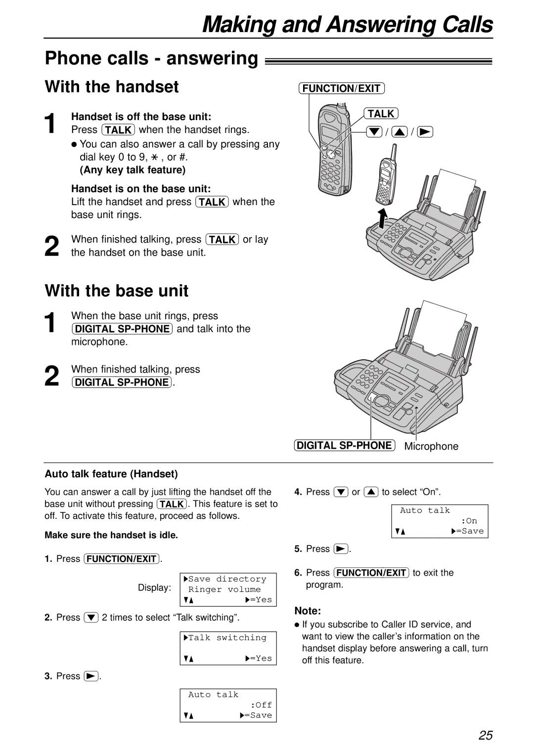 Panasonic KX-FC175AL manual Phone calls answering, Any key talk feature Handset is on the base unit, FUNCTION/EXIT Talk 