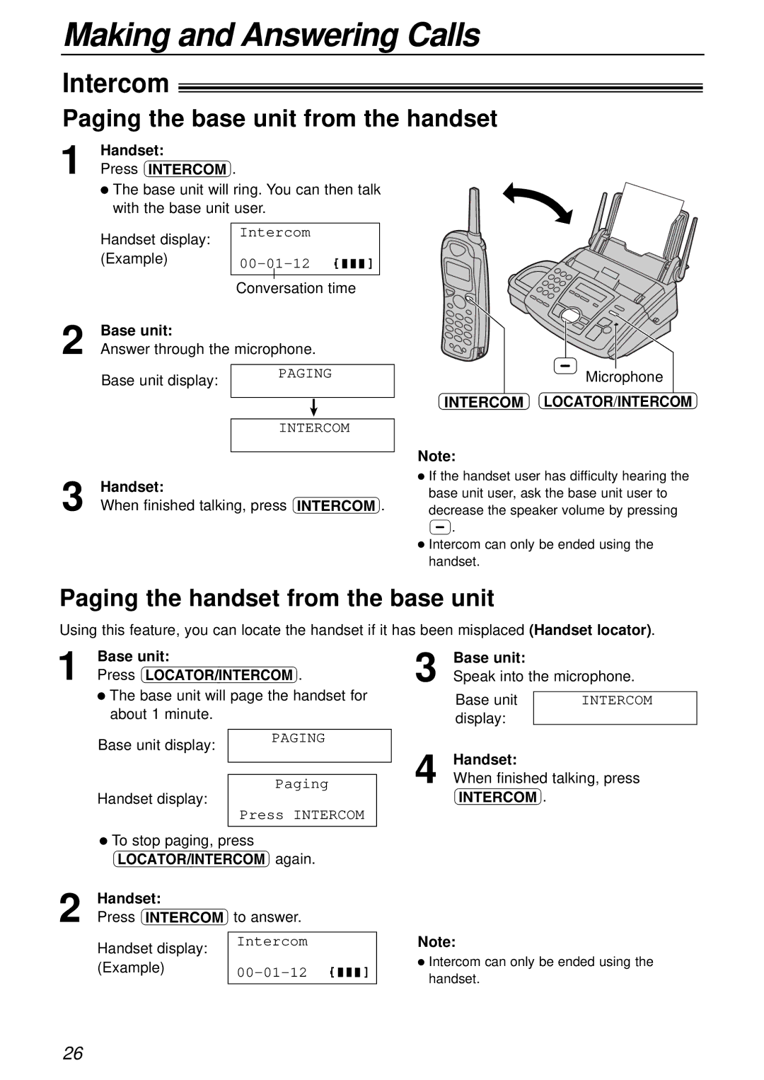 Panasonic KX-FC175AL manual Intercom, Paging the base unit from the handset, Paging the handset from the base unit 