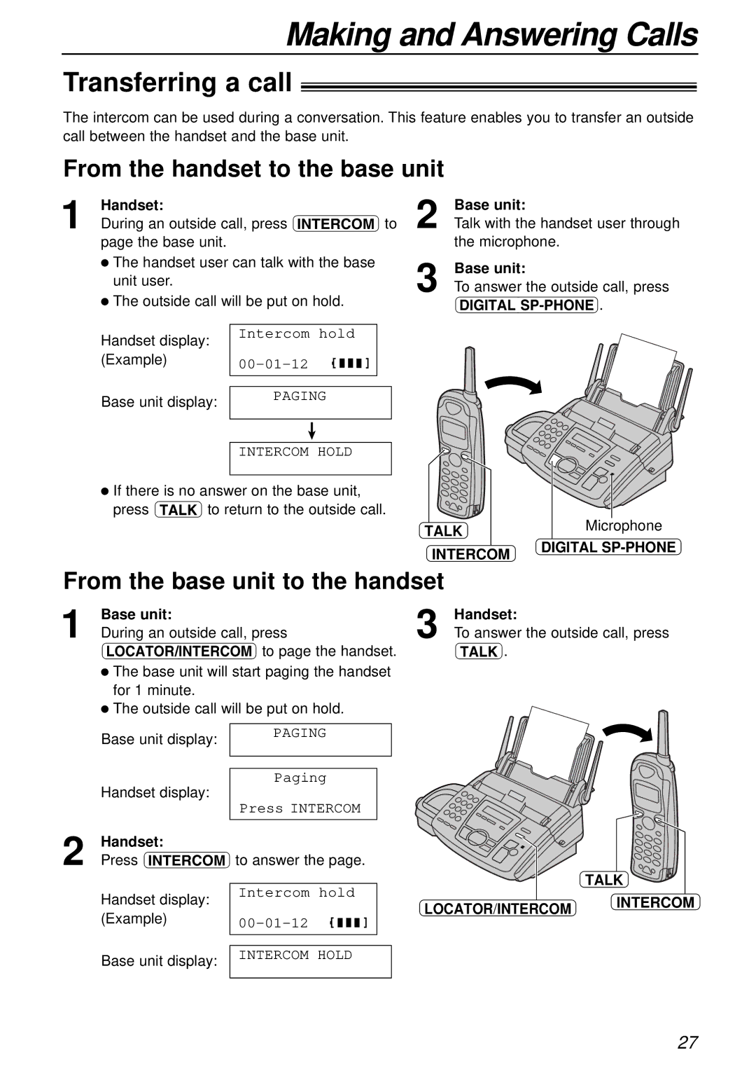 Panasonic KX-FC175AL manual Transferring a call, From the handset to the base unit, From the base unit to the handset 