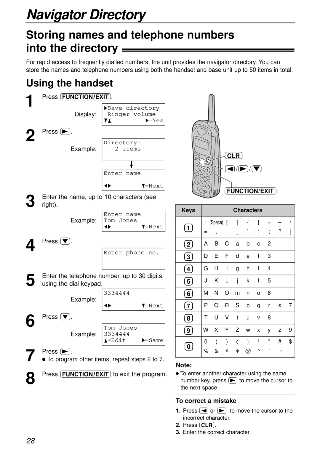 Panasonic KX-FC175AL manual Navigator Directory, Storing names and telephone numbers into the directory, Using the handset 