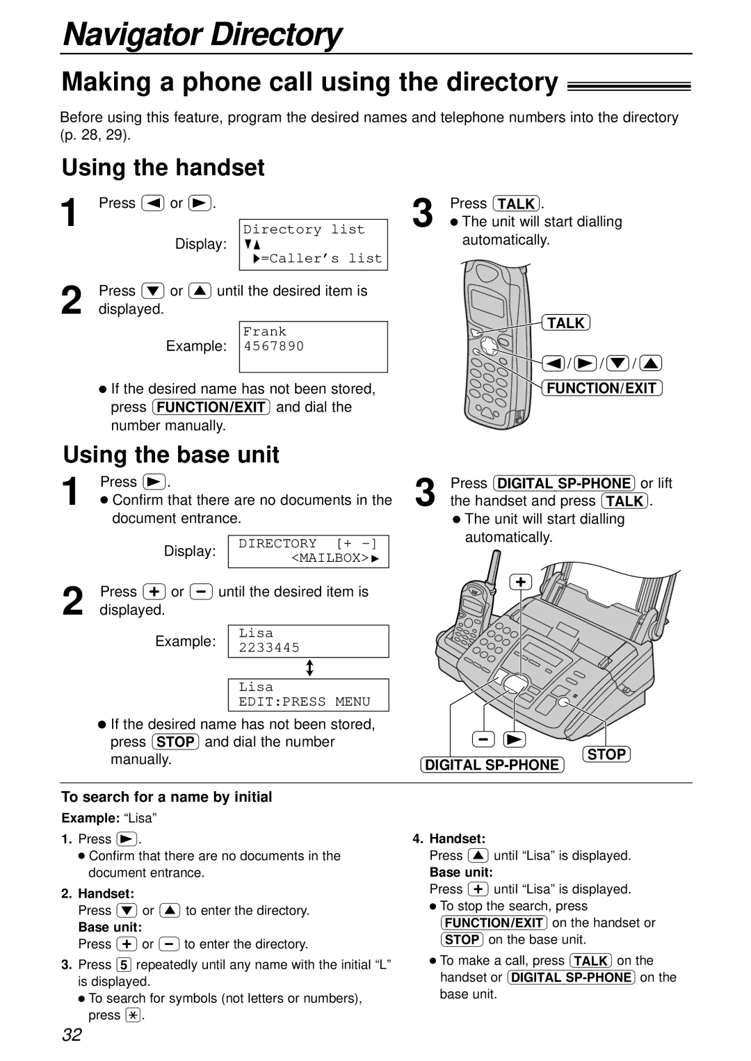 Panasonic KX-FC175AL manual Making a phone call using the directory, Talk FUNCTION/EXIT, Stop Digital SP-PHONE 