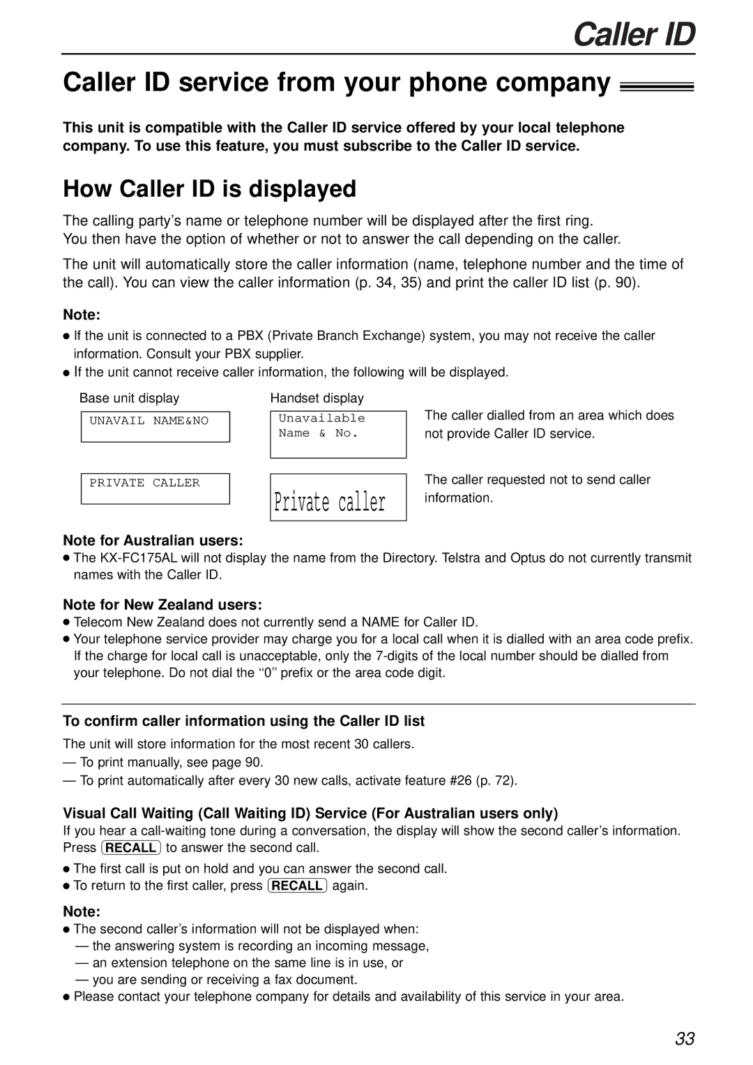 Panasonic KX-FC175AL manual Caller ID service from your phone company, How Caller ID is displayed 