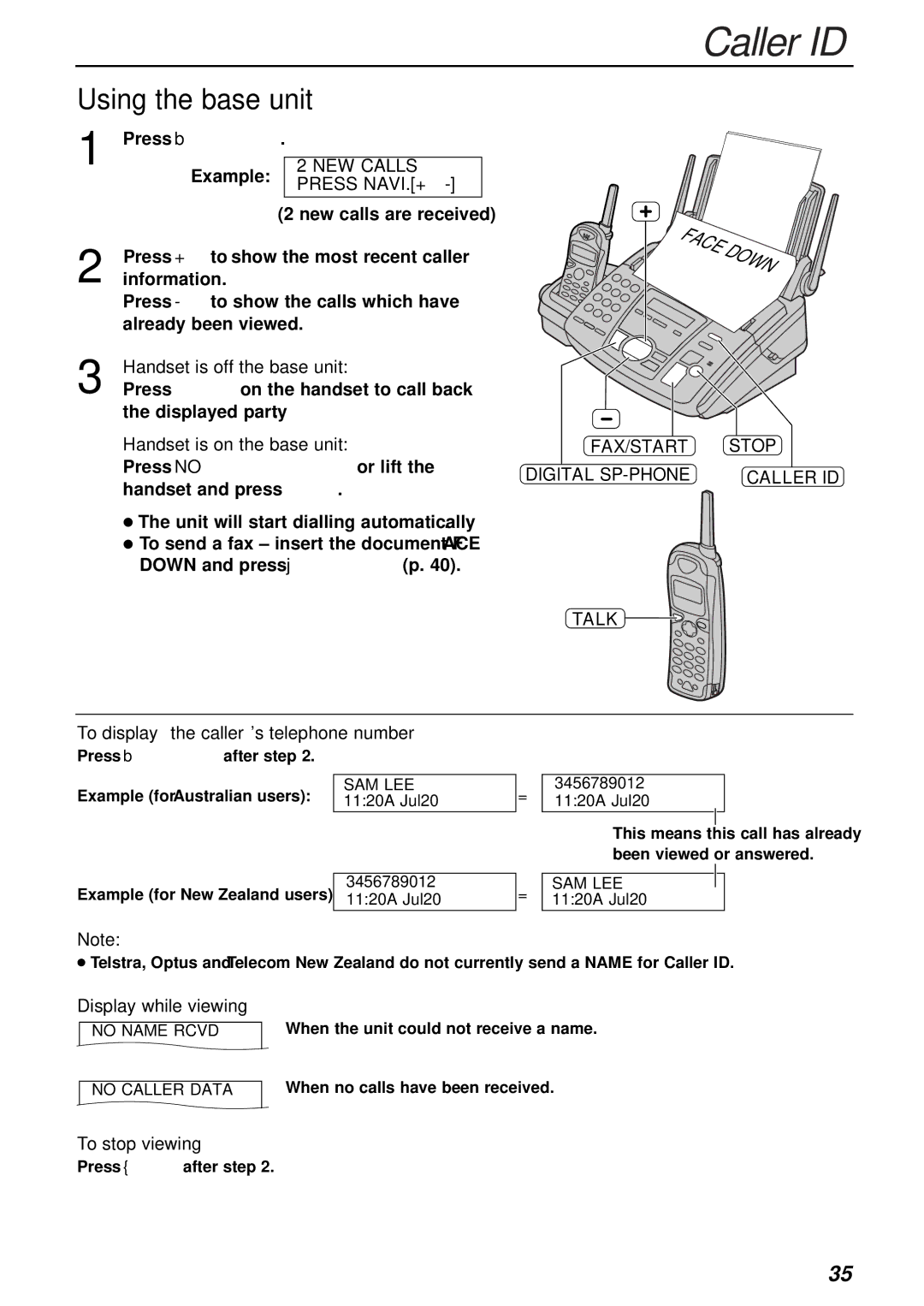 Panasonic KX-FC175AL manual FAX/START Stop Digital SP-PHONE Caller ID Talk, To display the caller’s telephone number 