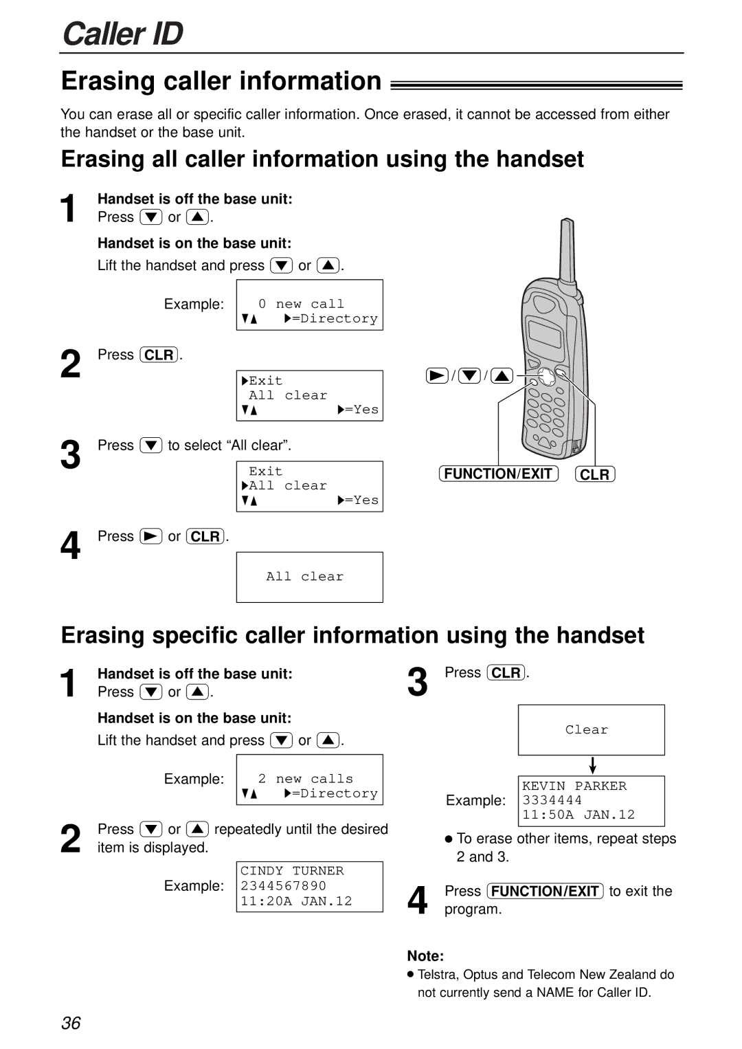 Panasonic KX-FC175AL manual Erasing caller information, Erasing all caller information using the handset, Function/Exit Clr 