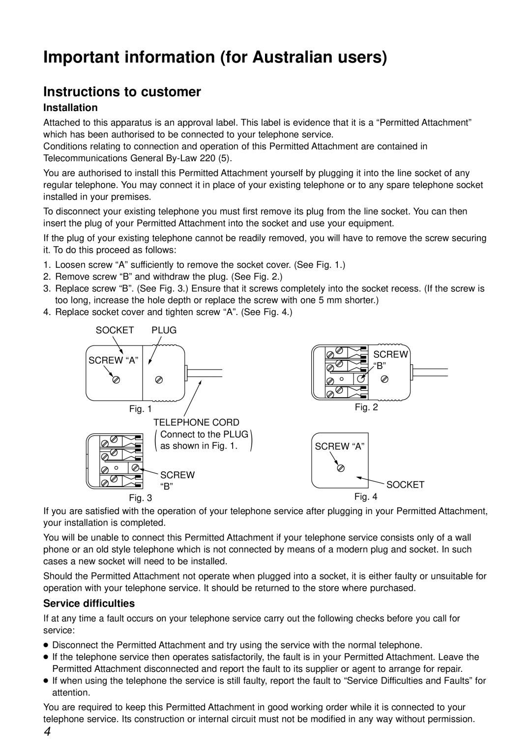 Panasonic KX-FC175AL manual Important information for Australian users, Installation, Service difficulties 