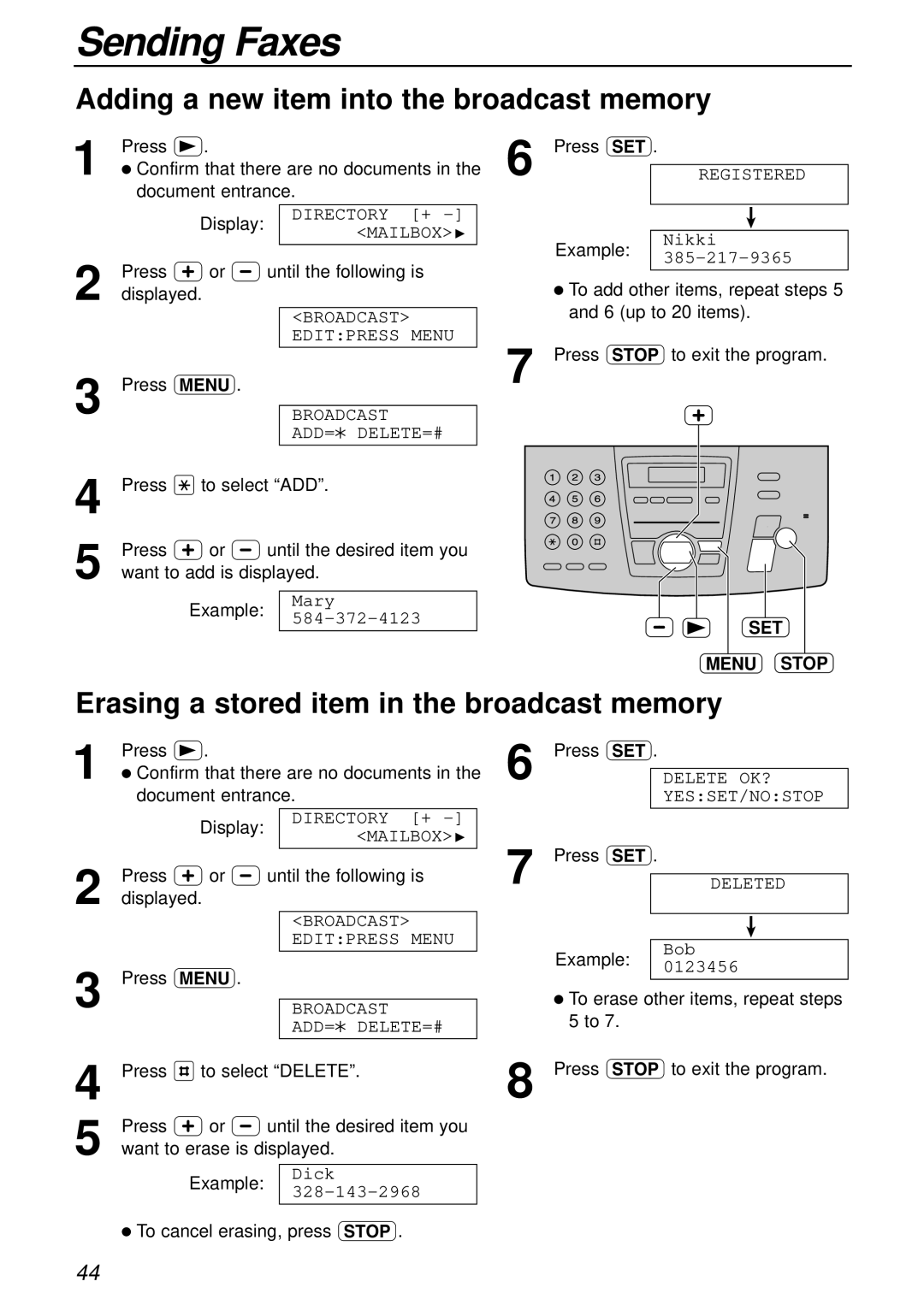 Panasonic KX-FC175AL manual Adding a new item into the broadcast memory, Erasing a stored item in the broadcast memory 