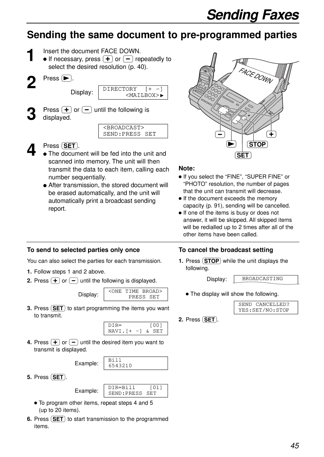 Panasonic KX-FC175AL Sending the same document to pre-programmed parties, Stop SET, To send to selected parties only once 