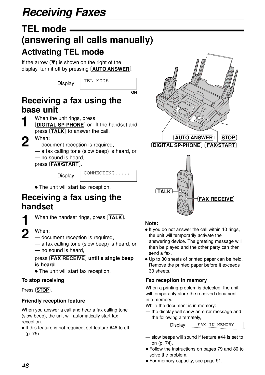 Panasonic KX-FC175AL TEL mode Answering all calls manually, Activating TEL mode, Receiving a fax using the base unit 