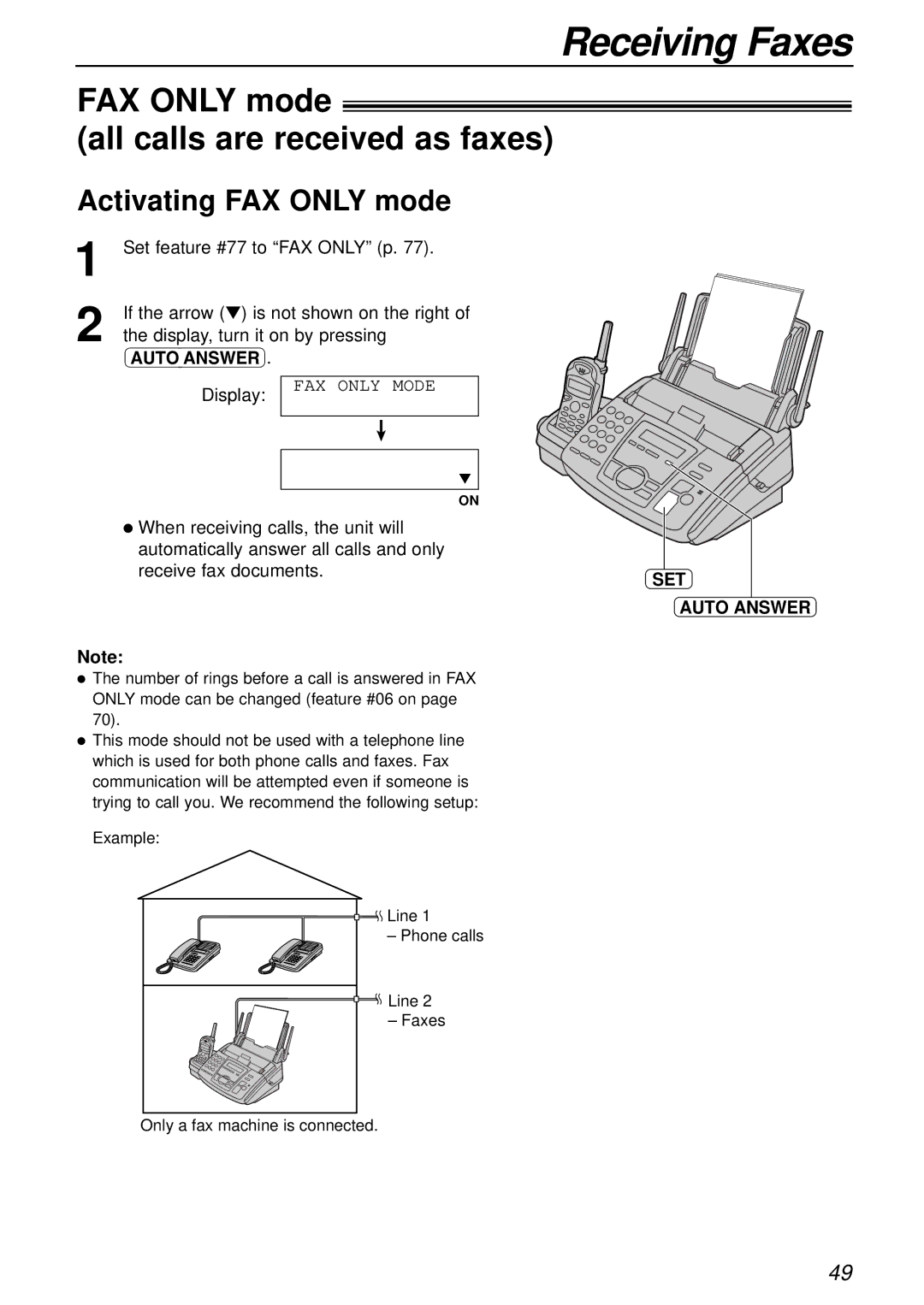 Panasonic KX-FC175AL manual FAX only mode All calls are received as faxes, Activating FAX only mode, SET Auto Answer 