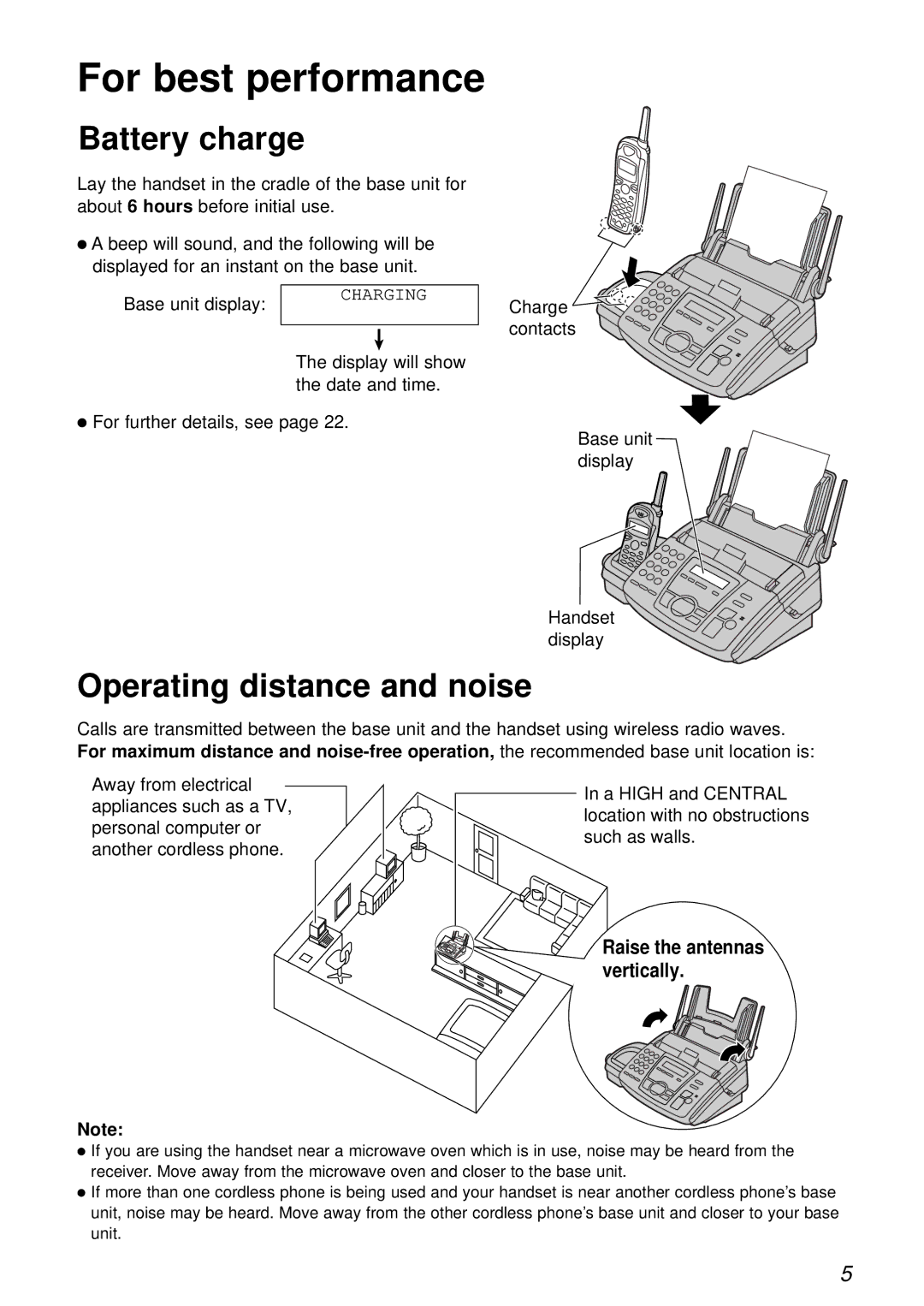 Panasonic KX-FC175AL manual Battery charge, Operating distance and noise, Raise the antennas vertically 