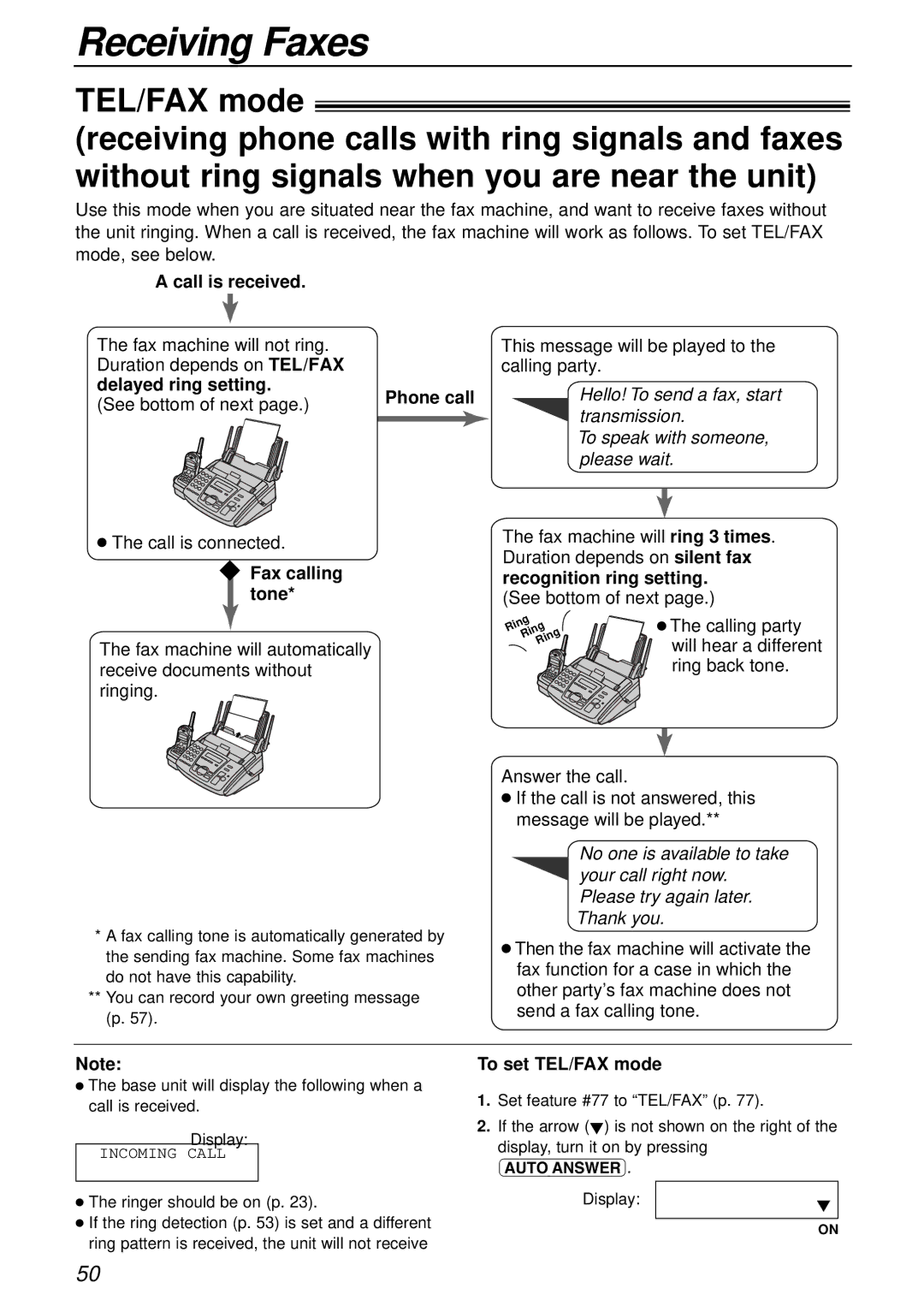 Panasonic KX-FC175AL manual Call is received, Delayed ring setting Phone call, Fax calling Recognition ring setting Tone 