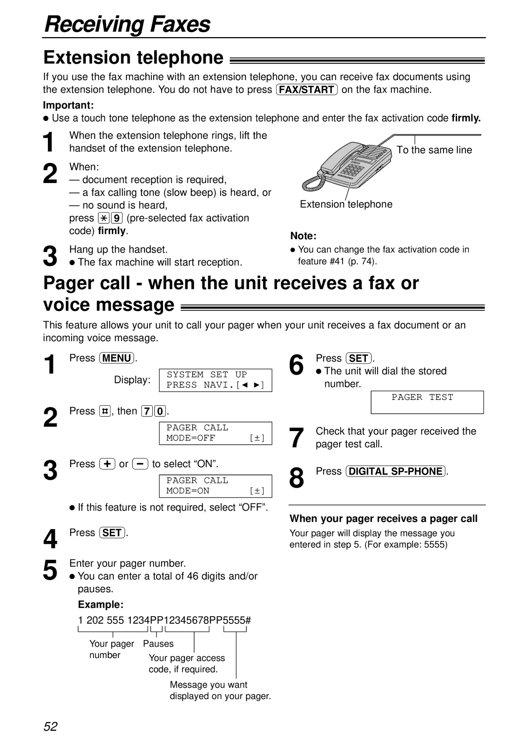 Panasonic KX-FC175AL manual Extension telephone, Pager call when the unit receives a fax or ! voice message 