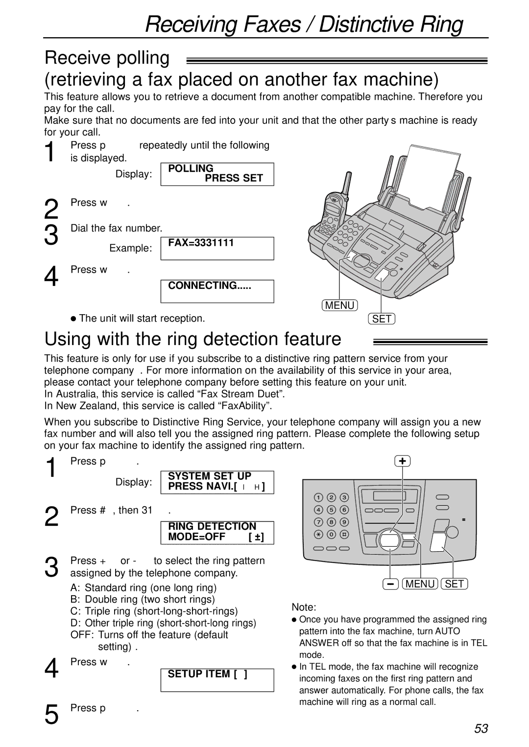 Panasonic KX-FC175AL manual Receiving Faxes / Distinctive Ring, Using with the ring detection feature, Menu, Setting 