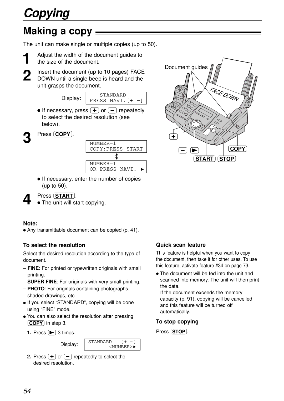 Panasonic KX-FC175AL manual Copying, Making a copy, Copy Start Stop, To select the resolution, To stop copying 