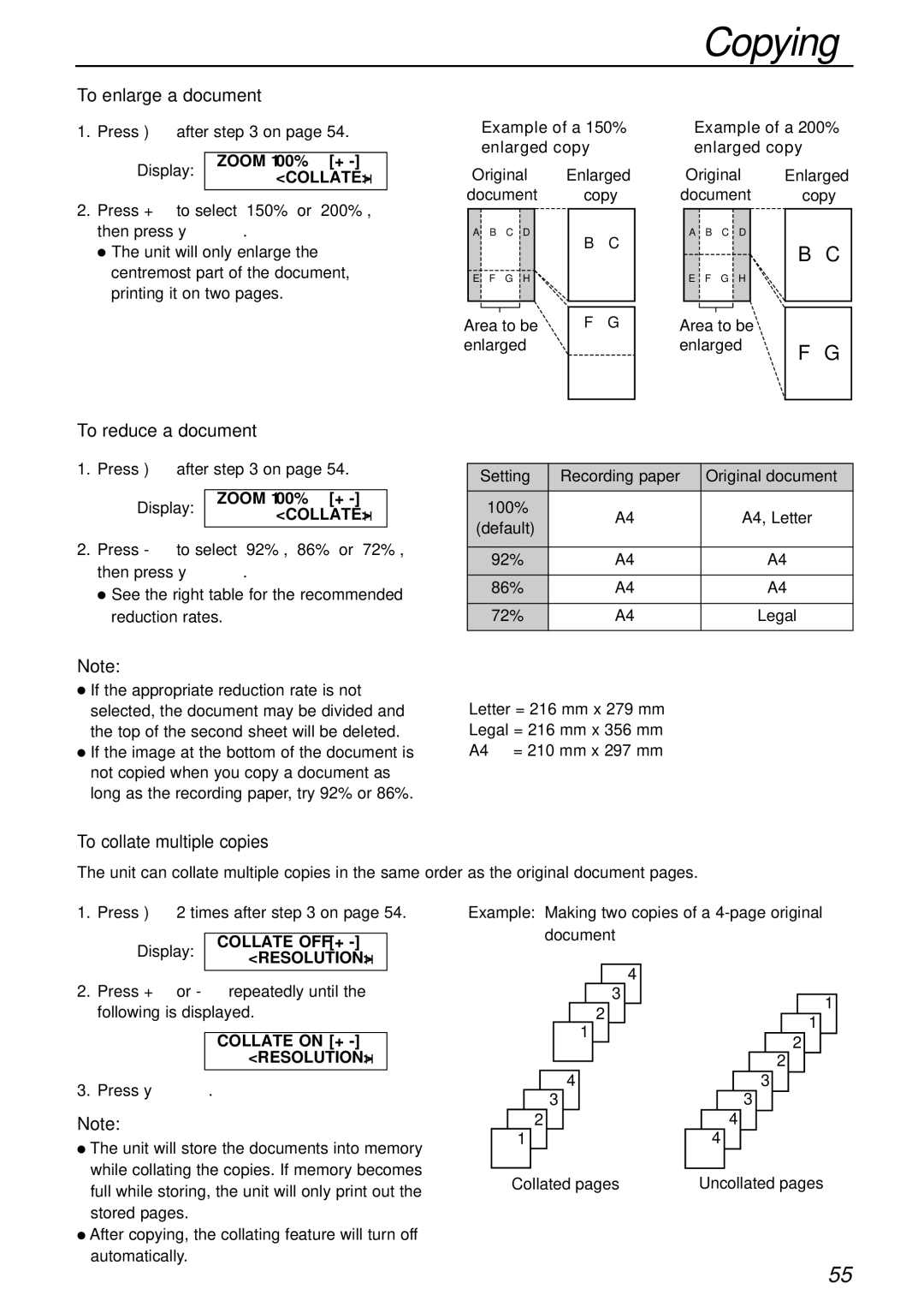 Panasonic KX-FC175AL manual To enlarge a document, To reduce a document, To collate multiple copies 