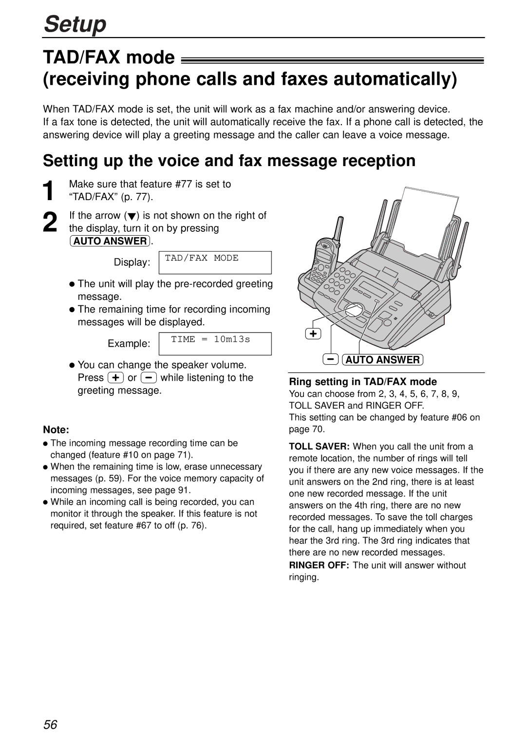 Panasonic KX-FC175AL manual Setup, TAD/FAX mode Receiving phone calls and faxes automatically, Ring setting in TAD/FAX mode 