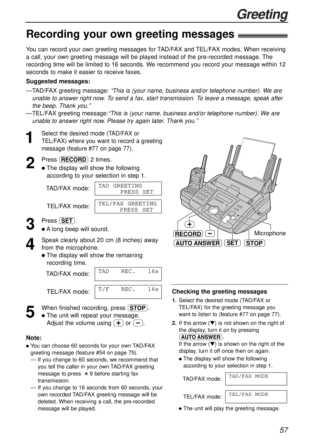 Panasonic KX-FC175AL manual Greeting, Recording your own greeting messages, Suggested messages, Auto Answer SET Stop 