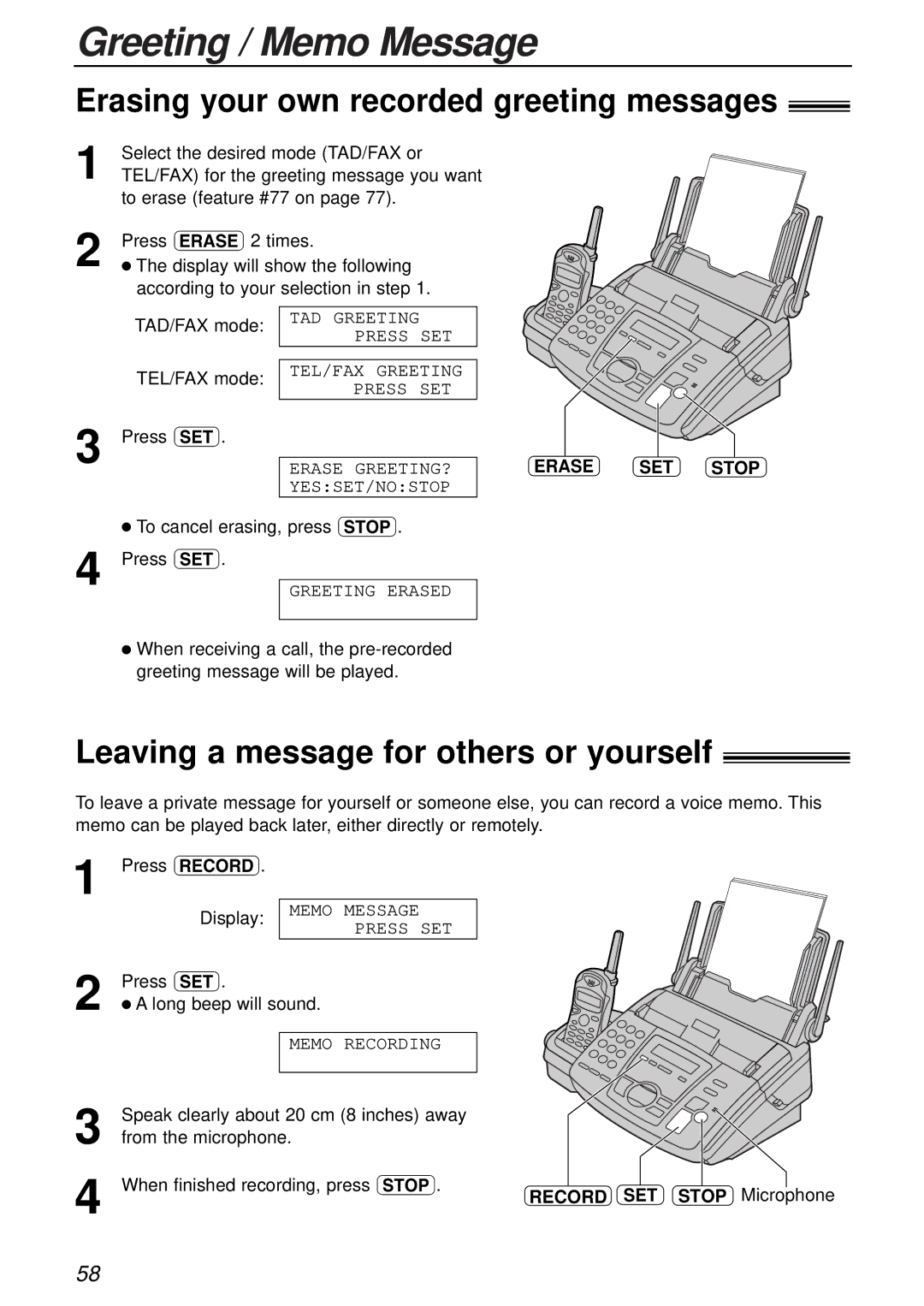 Panasonic KX-FC175AL manual Greeting / Memo Message, Erasing your own recorded greeting messages, Erase SET Stop 