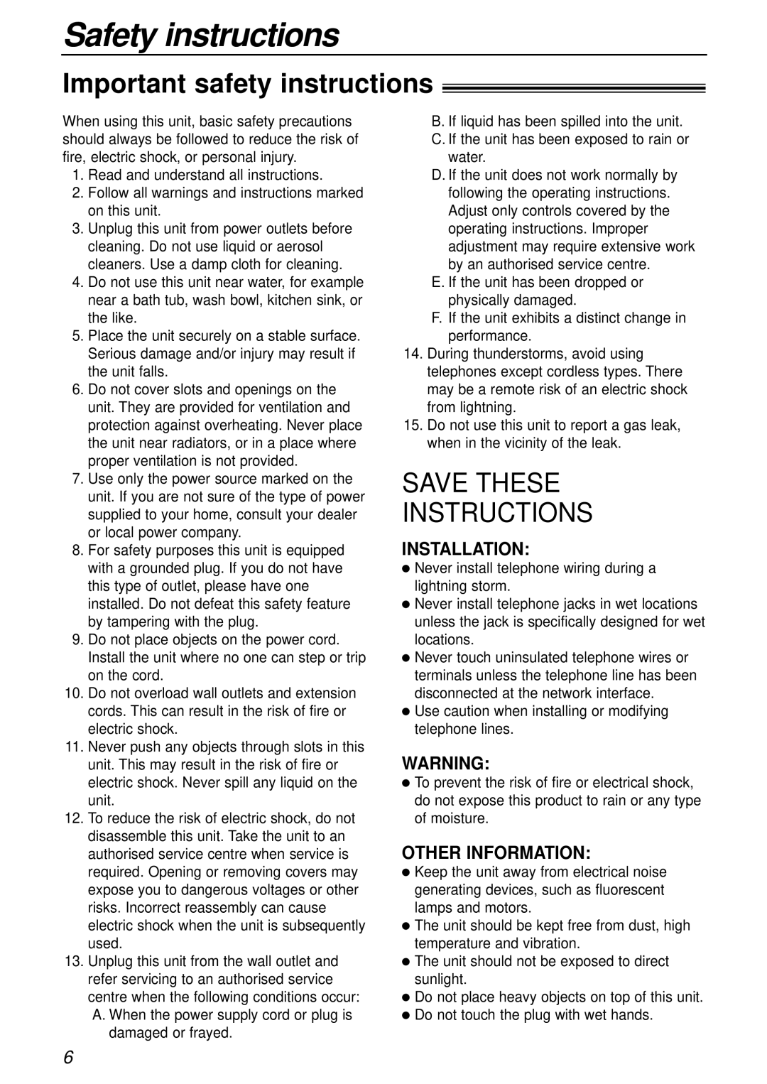 Panasonic KX-FC175AL manual Safety instructions, Important safety instructions 