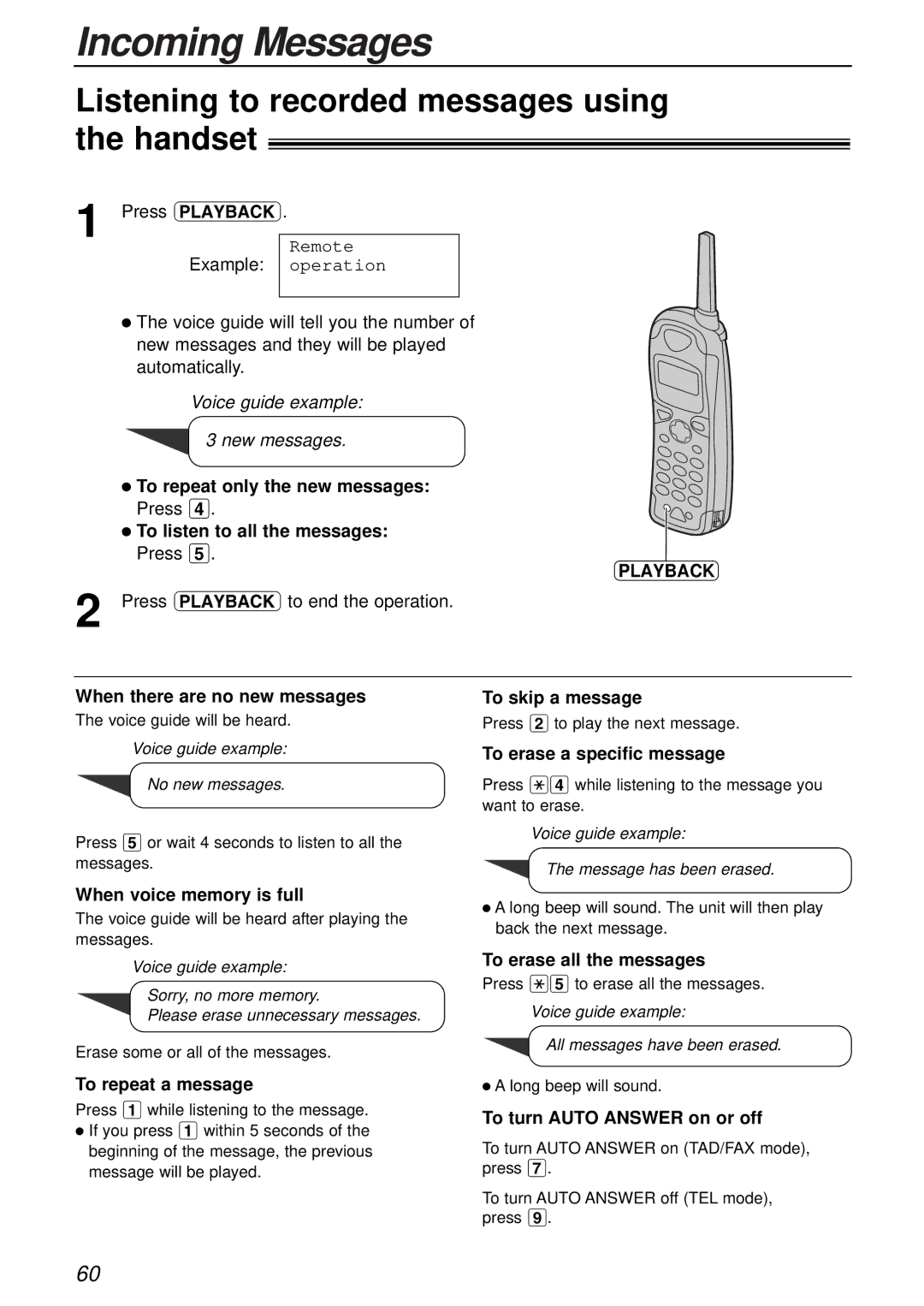 Panasonic KX-FC175AL manual Listening to recorded messages using the handset, Playback, When there are no new messages 