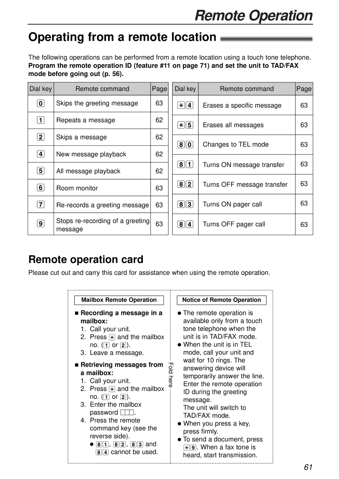 Panasonic KX-FC175AL manual Remote Operation, Operating from a remote location, Remote operation card 