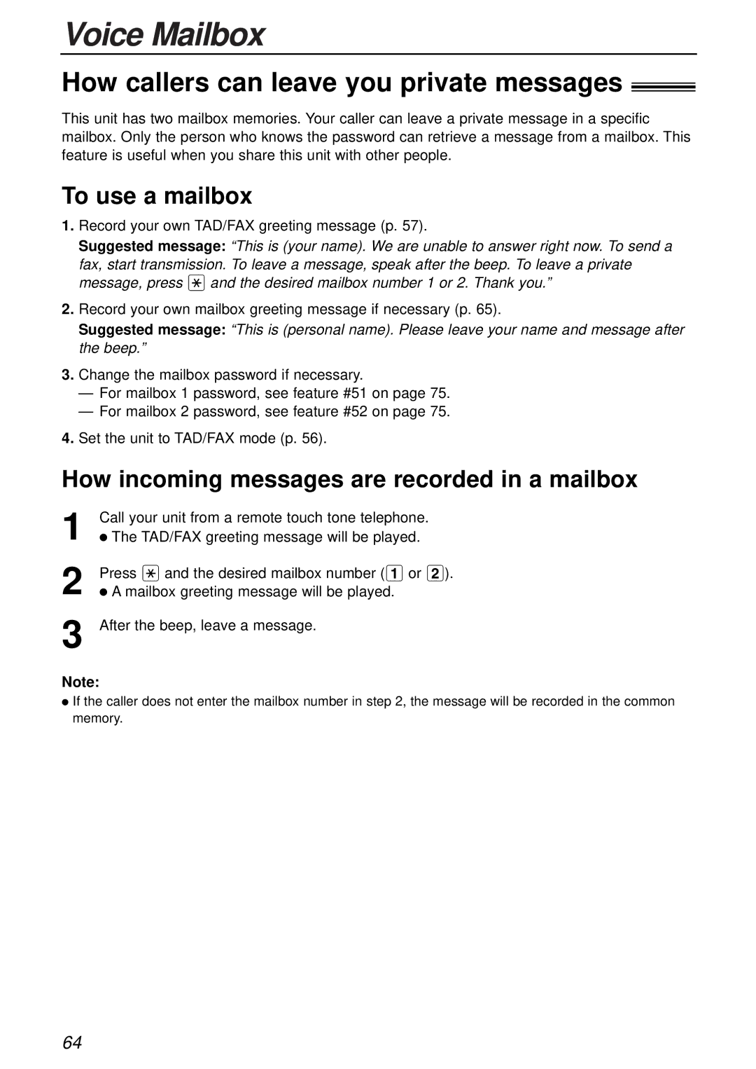 Panasonic KX-FC175AL manual Voice Mailbox, How callers can leave you private messages, To use a mailbox 