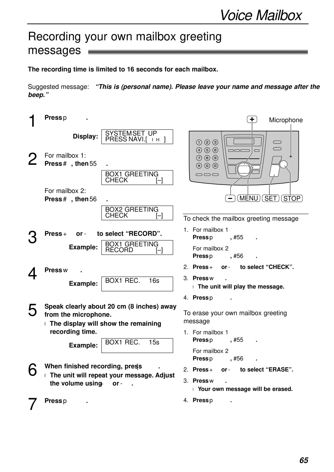 Panasonic KX-FC175AL Recording your own mailbox greeting messages, Menu SET Stop, To check the mailbox greeting message 