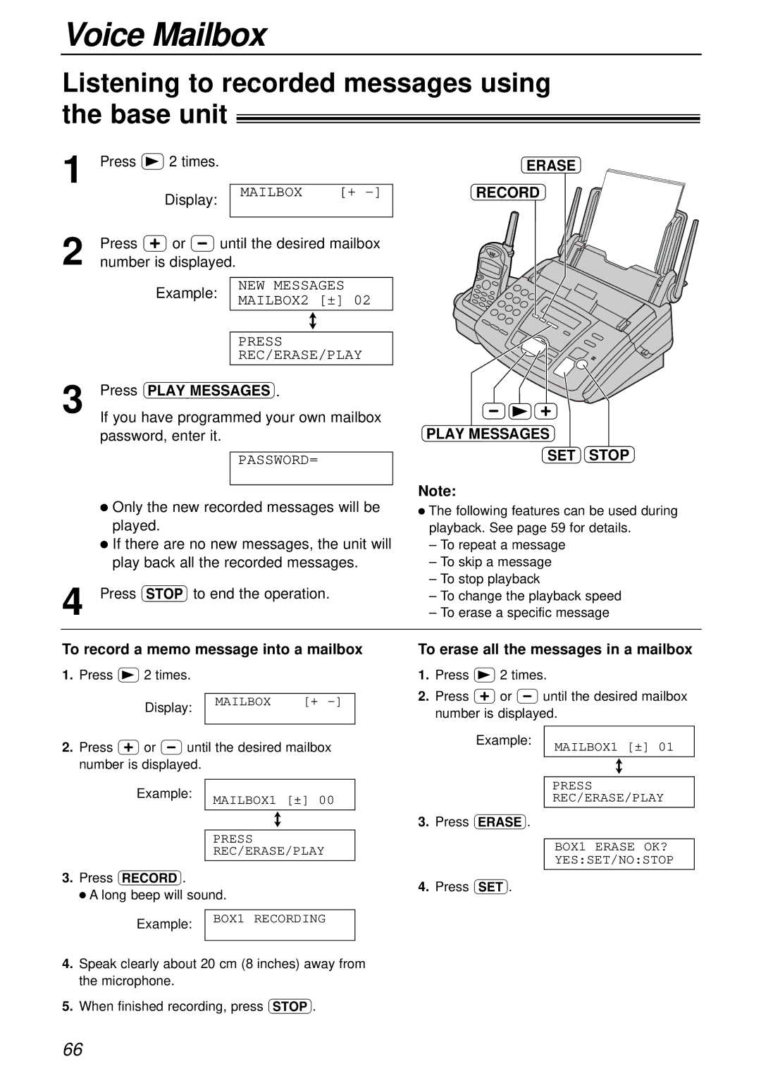 Panasonic KX-FC175AL manual Erase Record Play Messages SET Stop, To record a memo message into a mailbox 