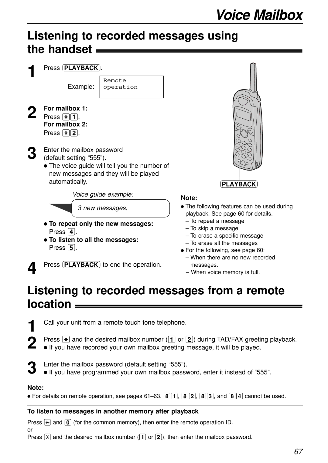 Panasonic KX-FC175AL Listening to recorded messages from a remote location, For mailbox, To repeat only the new messages 