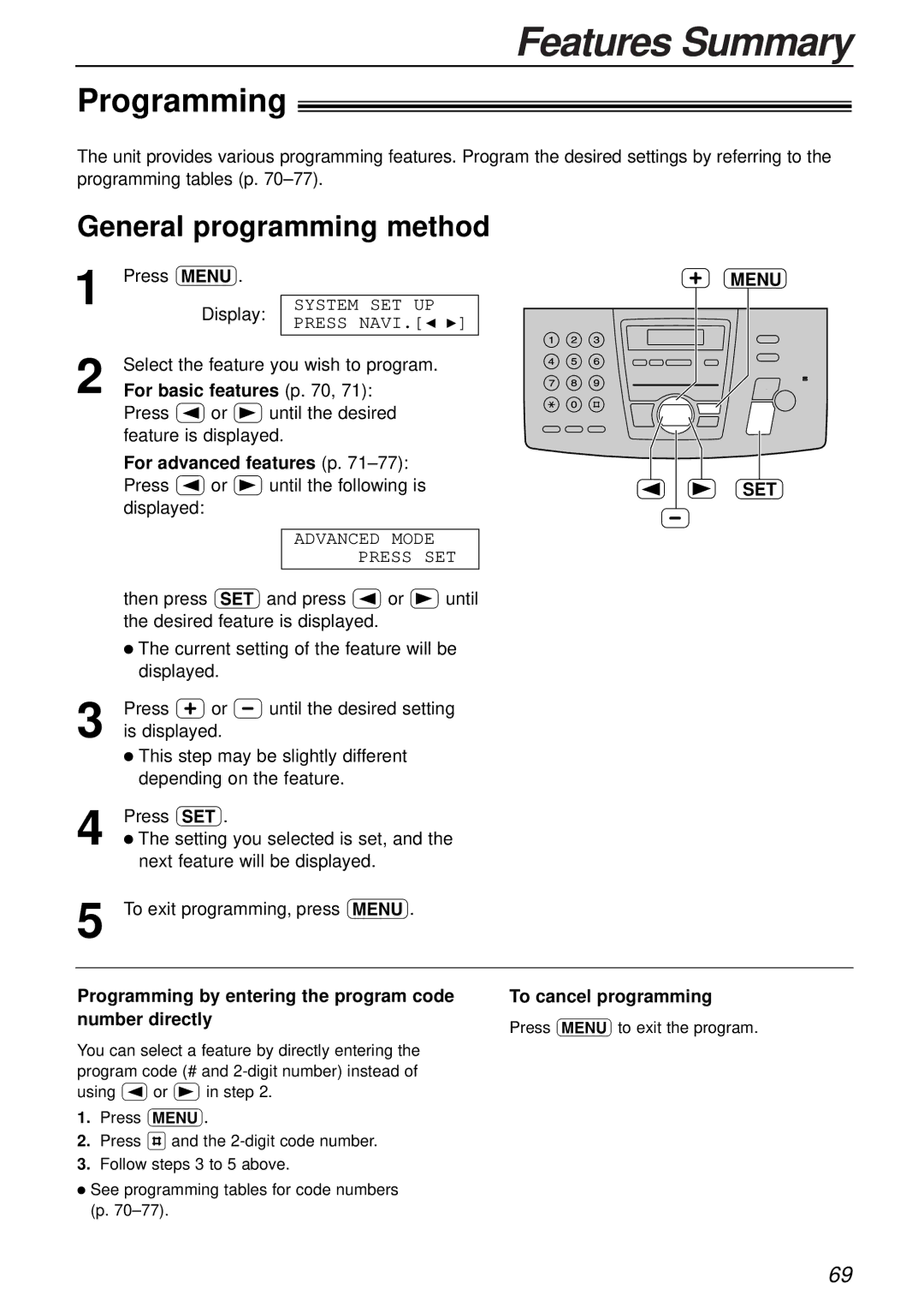 Panasonic KX-FC175AL manual Features Summary, Programming, General programming method 