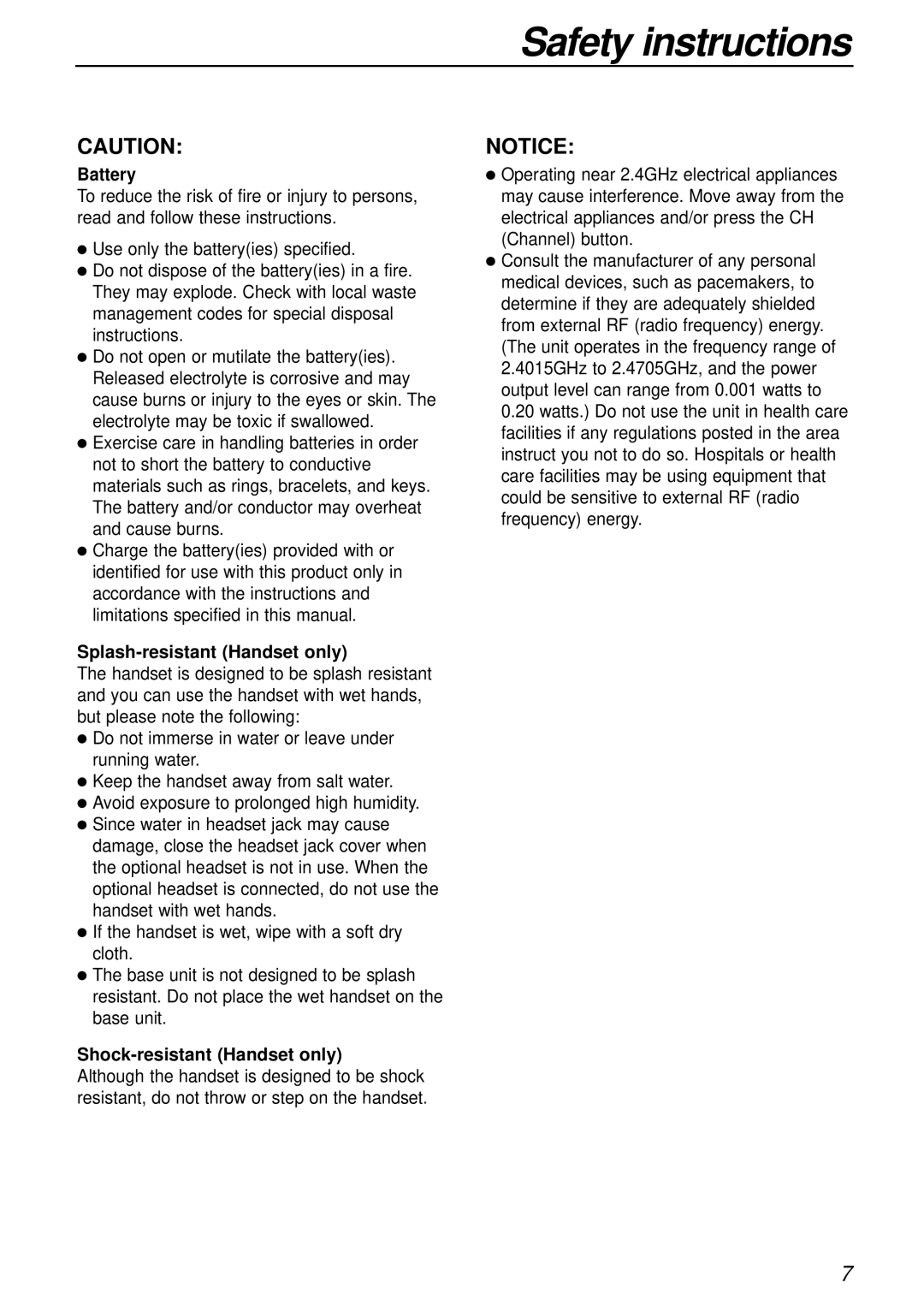Panasonic KX-FC175AL manual Battery, Splash-resistant Handset only, Shock-resistant Handset only 