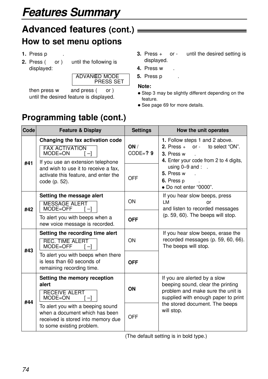 Panasonic KX-FC175AL manual #41, Setting the message alert, #42, Setting the recording time alert, #43, Alert, #44 