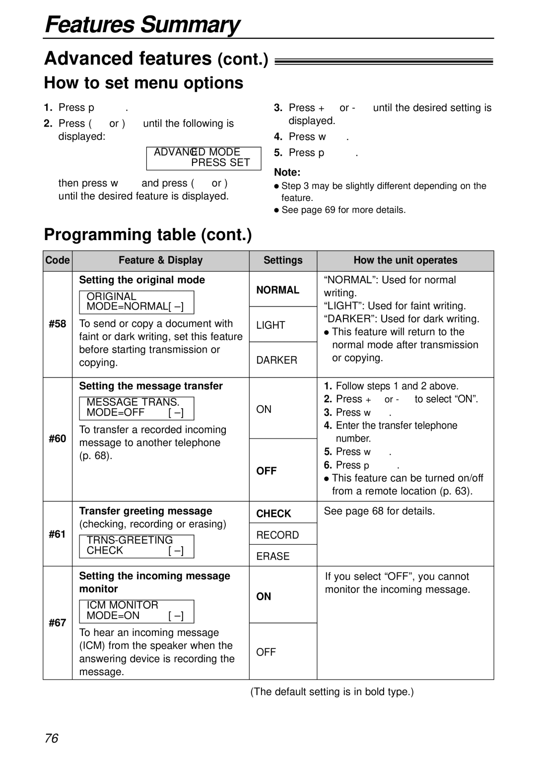 Panasonic KX-FC175AL #58, Setting the message transfer, #60, Transfer greeting message, #61, Setting the incoming message 