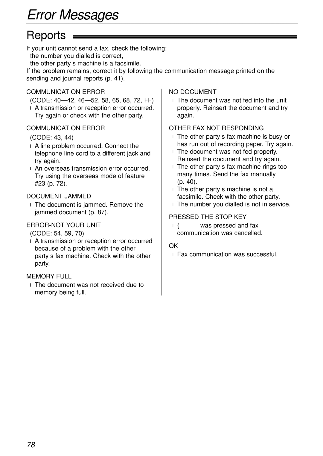 Panasonic KX-FC175AL manual Error Messages, Reports 