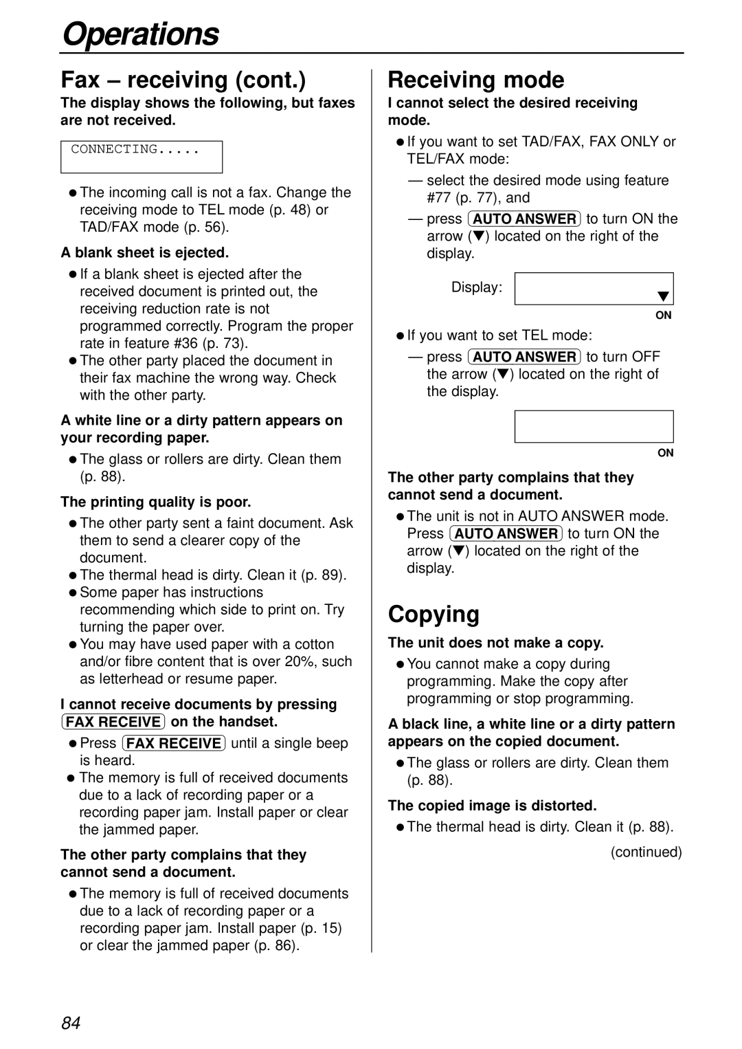 Panasonic KX-FC175AL manual Receiving mode, Copying 