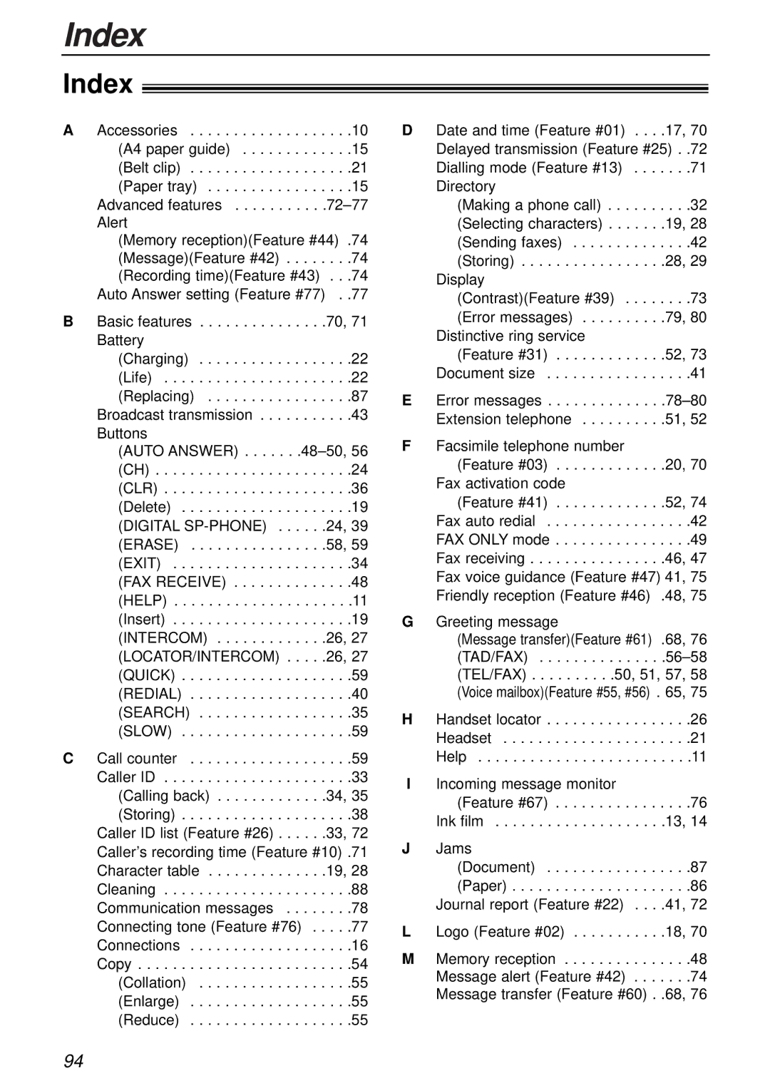 Panasonic KX-FC175AL manual Index, Quick Redial Search Slow 